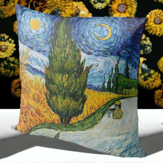 Galartaura Housse coussin Van Gogh - Route avec un cyprès et ciel etoilé